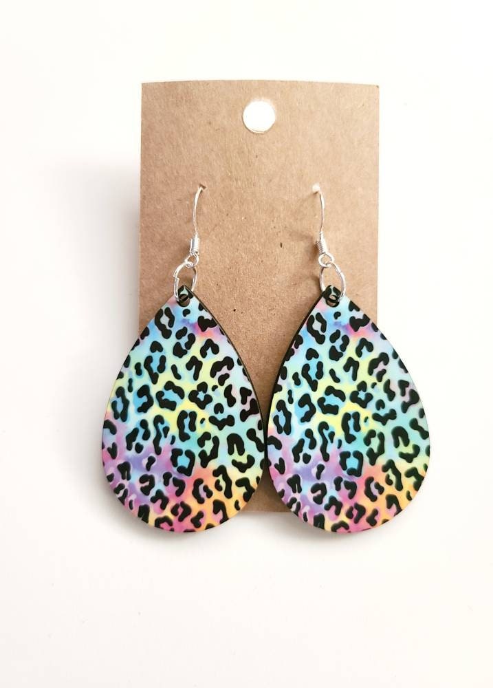 Colorful cheetah earrings, Cheetah print jewelry, Rainbow cheetah earrings, Animal faux leather earring