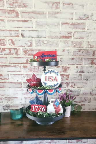 4th of July tiered tray, Patriotic decor, 4th of July decor, Summer tiered tray decor, Independence day tiered tray decor - Adalee'sAccessories